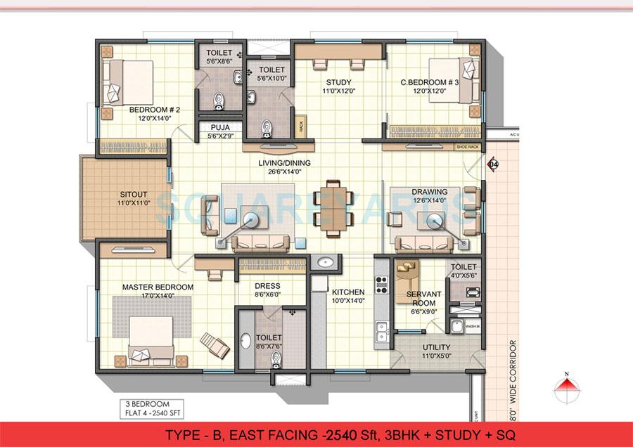 Floor plan of 3 BHK 2580 Sq. Ft. Apartment in NCC Urban One, Hyderabad