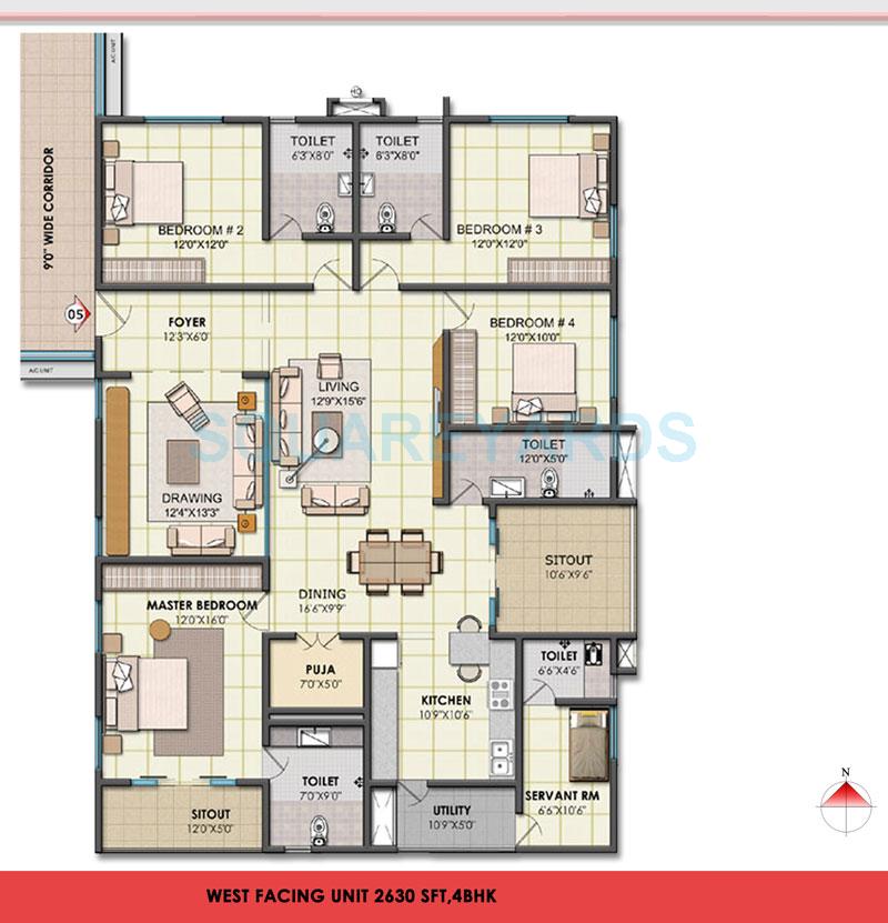 Floor plan of 4 BHK 2630 Sq. Ft. Apartment in NCC Urban One, Hyderabad