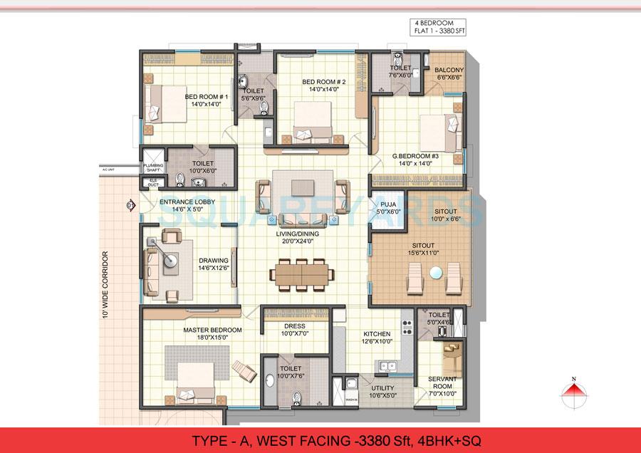 Floor plan of 4 BHK 3380 Sq. Ft. Apartment in NCC Urban One, Hyderabad