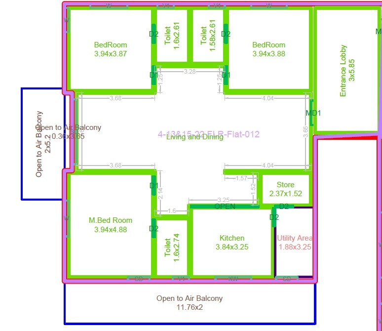 Floor plan of 3 BHK 1969 Sq. Ft. Apartment in NCD Purple, Hyderabad