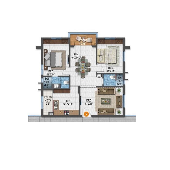 Floor plan of 2 BHK 1235 Sq. Ft. Apartment in NCL Sindhu, Hyderabad
