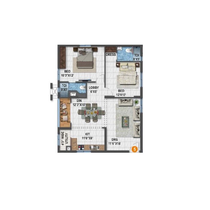 Floor plan of 2 BHK 1330 Sq. Ft. Apartment in NCL Sindhu, Hyderabad