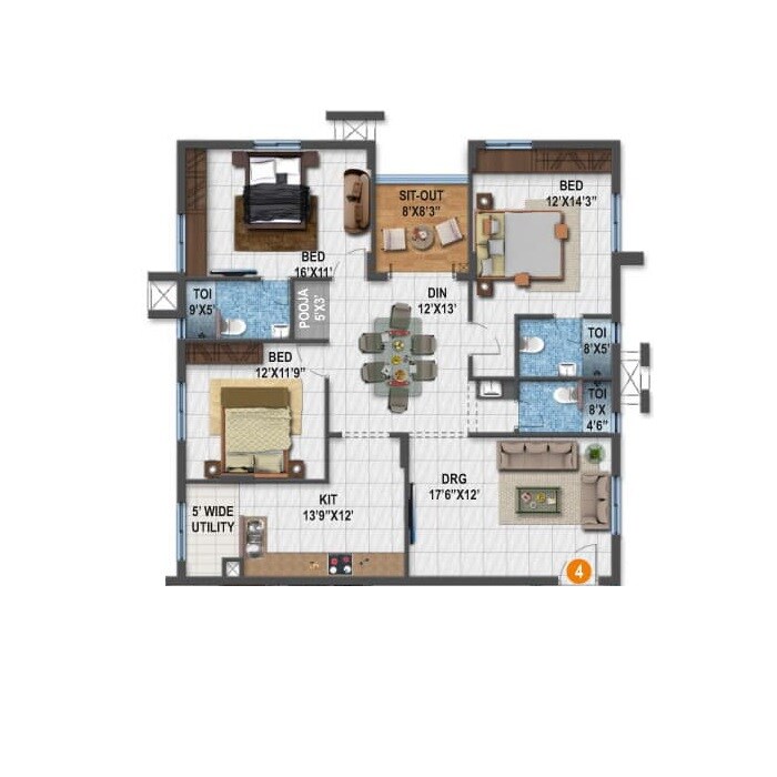 Floor plan of 3 BHK 1615 Sq. Ft. Apartment in NCL Sindhu, Hyderabad