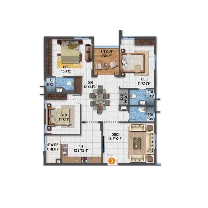 Floor plan of 3 BHK 1835 Sq. Ft. Apartment in NCL Sindhu, Hyderabad