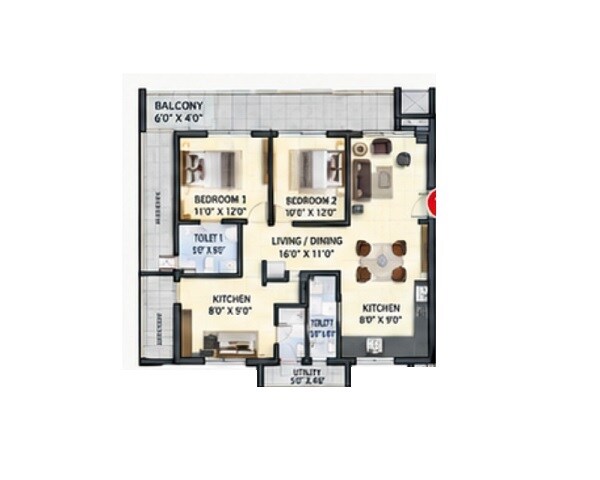 Floor plan of 2 BHK 1315 Sq. Ft. Apartment in NDR Parnika Solitaire, Hyderabad