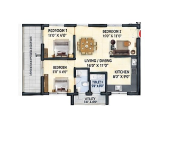 Floor plan of 2 BHK 1380 Sq. Ft. Apartment in NDR Parnika Solitaire, Hyderabad
