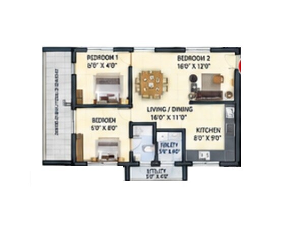 Floor plan of 3 BHK 1607 Sq. Ft. Apartment in NDR Parnika Solitaire, Hyderabad