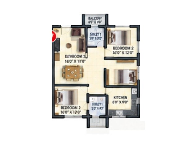 Floor plan of 3 BHK 1671 Sq. Ft. Apartment in NDR Parnika Solitaire, Hyderabad