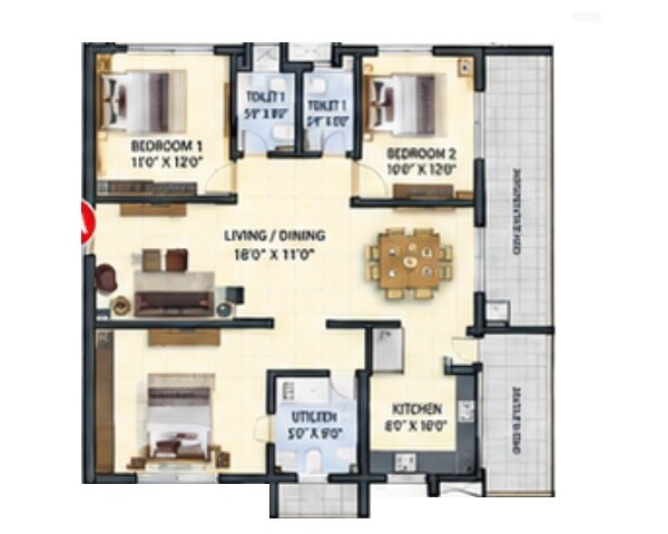 Floor plan of 3 BHK 2555 Sq. Ft. Apartment in NDR Parnika Solitaire, Hyderabad