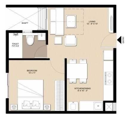 Floor plan of 1 BHK 607 Sq. Ft. Apartment in Nebula Aavaas Hyderabad, Hyderabad