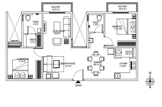 Floor plan of 2 BHK 1214 Sq. Ft. Apartment in Nebula Aavaas Hyderabad, Hyderabad