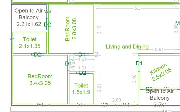 Floor plan of 2 BHK 1264 Sq. Ft. Apartment in Neon Tanmayi, Hyderabad
