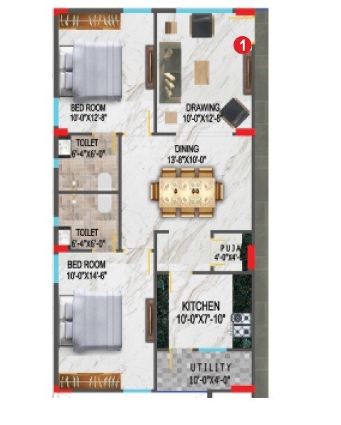 Floor plan of 2 BHK 1080 Sq. Ft. Apartment in Nestcon Aster, Hyderabad