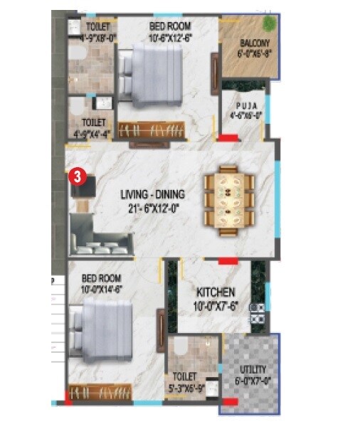 Floor plan of 2 BHK 1150 Sq. Ft. Apartment in Nestcon Aster, Hyderabad