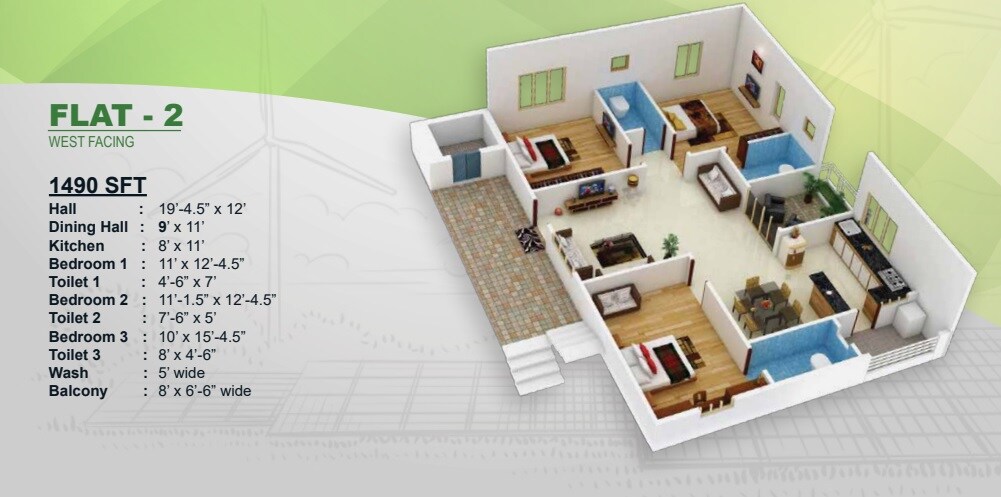 Floor plan of 3 BHK 1490 Sq. Ft. Apartment in Nestcon Zion, Hyderabad