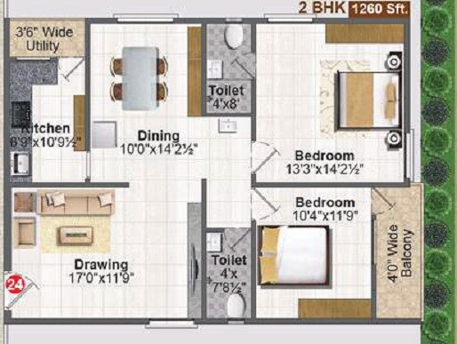 Floor plan of 2 BHK 1260 Sq. Ft. Apartment in Nestila Aravindam, Hyderabad