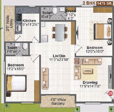 Floor plan of 2 BHK 1475 Sq. Ft. Apartment in Nestila Aravindam, Hyderabad