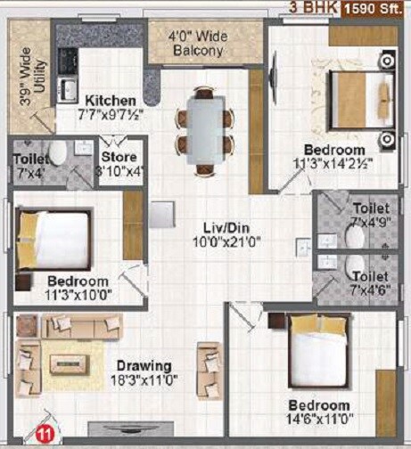 Floor plan of 3 BHK 1590 Sq. Ft. Apartment in Nestila Aravindam, Hyderabad