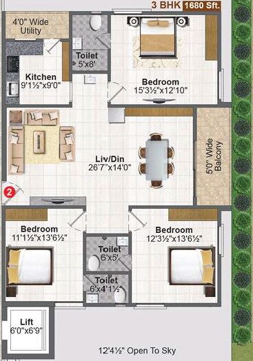 Floor plan of 3 BHK 1680 Sq. Ft. Apartment in Nestila Aravindam, Hyderabad
