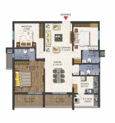 Floor plan of 3 BHK 1595 Sq. Ft. Apartment in Niharika Landmark, Hyderabad