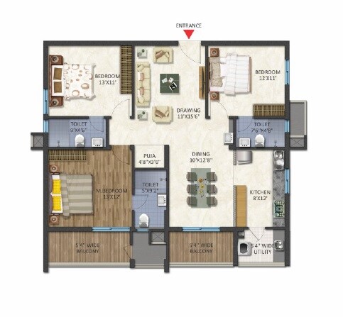 Floor plan of 3 BHK 1715 Sq. Ft. Apartment in Niharika Landmark, Hyderabad