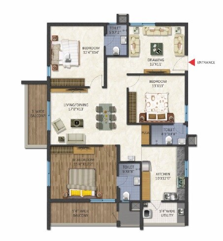 Floor plan of 3 BHK 1995 Sq. Ft. Apartment in Niharika Landmark, Hyderabad