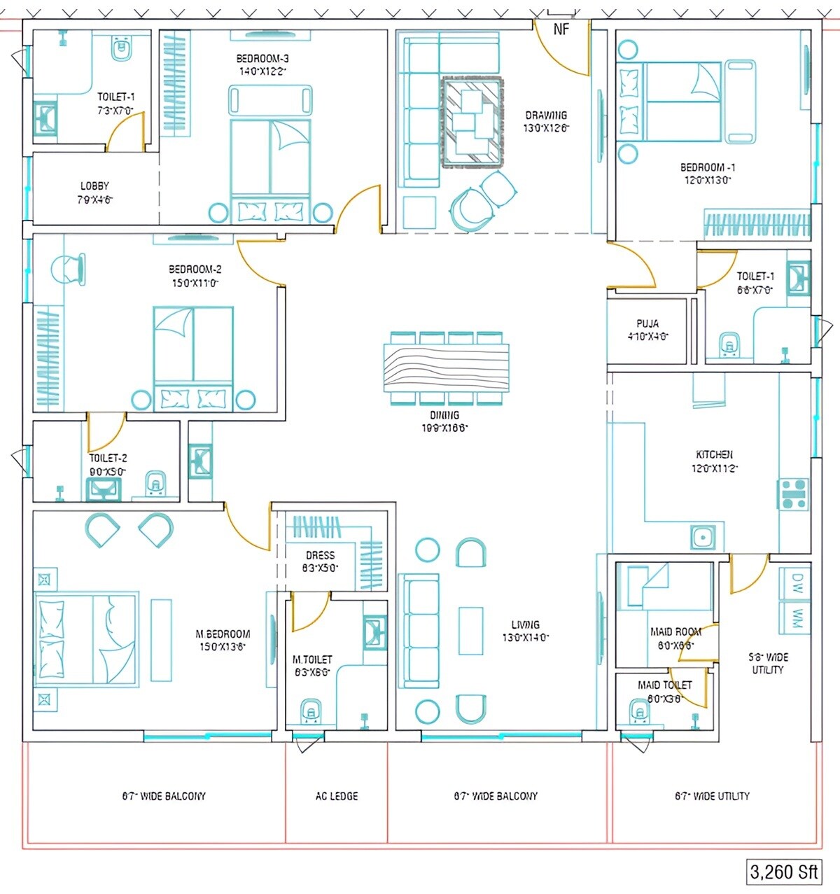 Floor plan of 4 BHK 3260 Sq. Ft. Apartment in Niharika One, Hyderabad