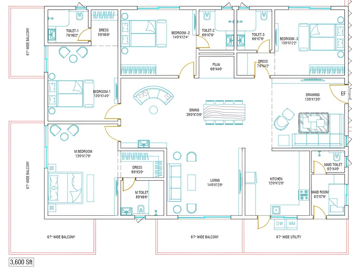 Floor plan of 4 BHK 3600 Sq. Ft. Apartment in Niharika One, Hyderabad