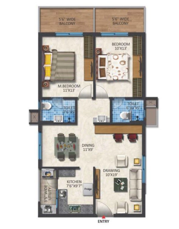 Floor plan of 2 BHK 1295 Sq. Ft. Apartment in Niharika Skyline, Hyderabad