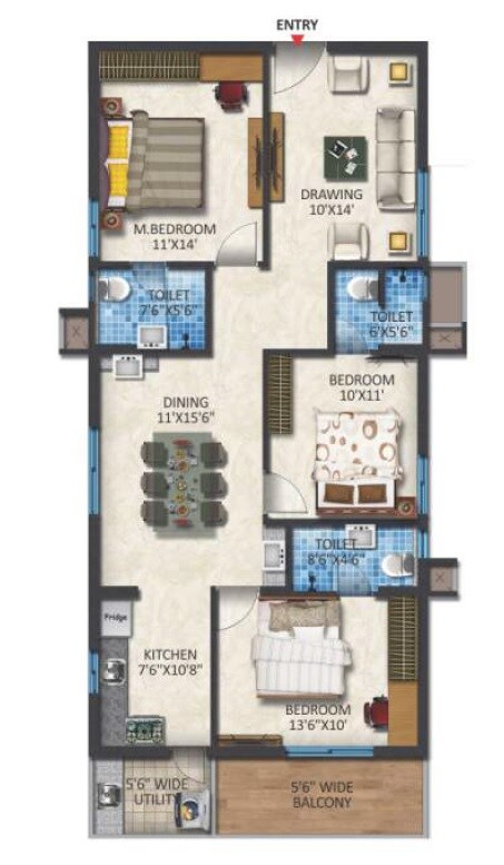 Floor plan of 3 BHK 1560 Sq. Ft. Apartment in Niharika Skyline, Hyderabad
