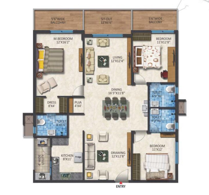 Floor plan of 3 BHK 2105 Sq. Ft. Apartment in Niharika Skyline, Hyderabad