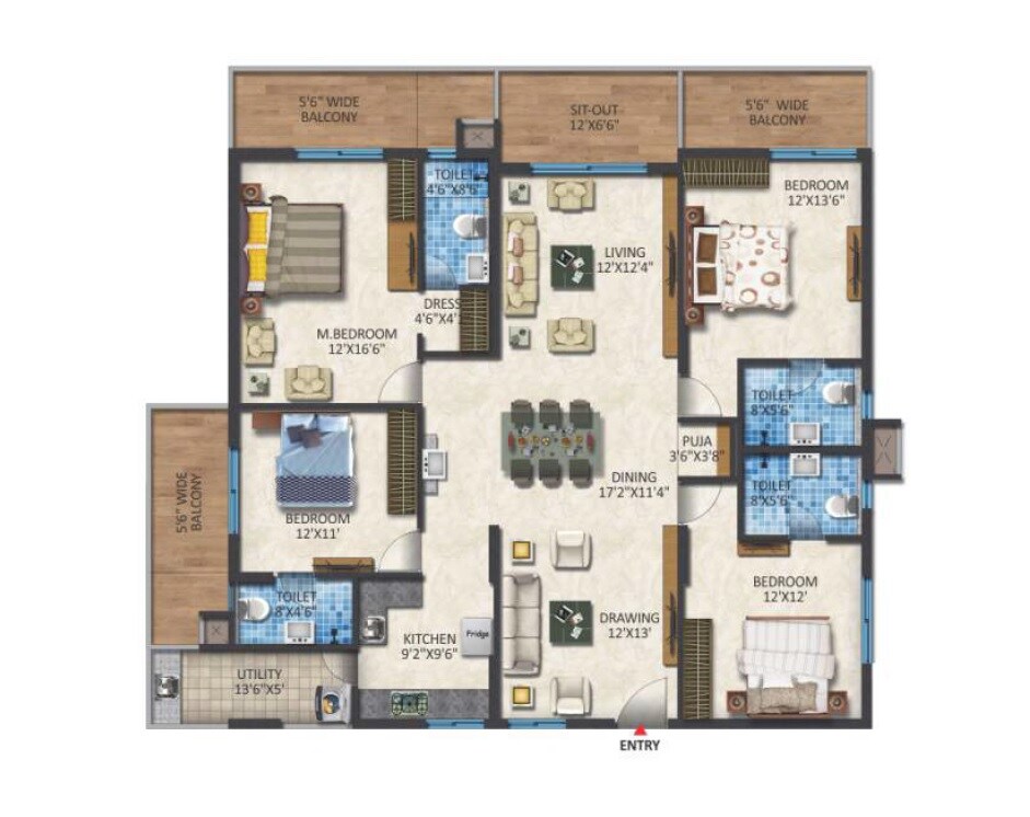 Floor plan of 4 BHK 2580 Sq. Ft. Apartment in Niharika Skyline, Hyderabad