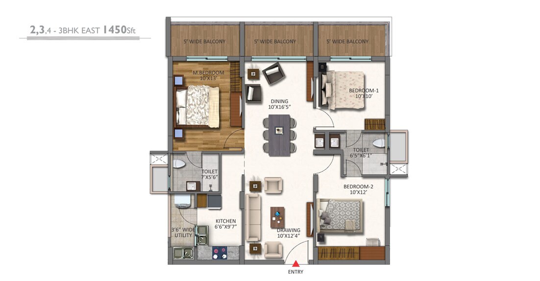Floor plan of 3 BHK 1450 Sq. Ft. Apartment in Niharika Lakefront, Hyderabad