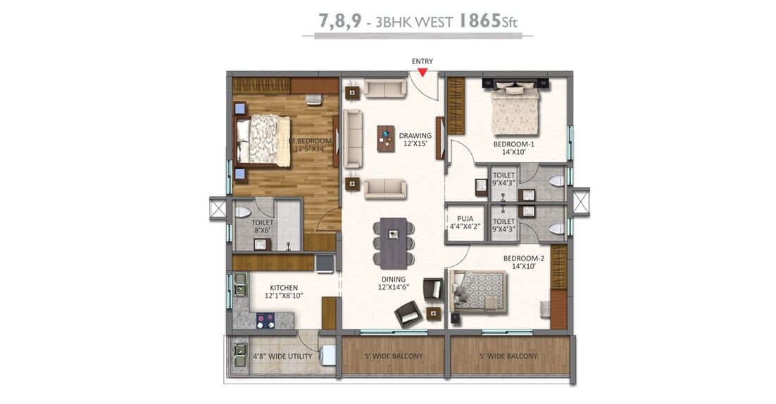 Floor plan of 3 BHK 1865 Sq. Ft. Apartment in Niharika Lakefront, Hyderabad