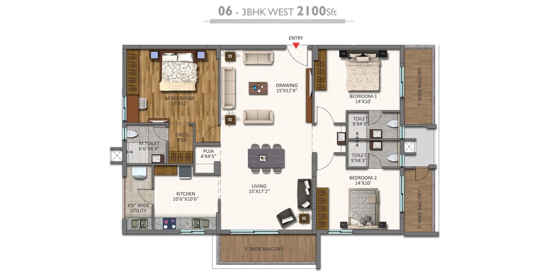 Floor plan of 3 BHK 2100 Sq. Ft. Apartment in Niharika Lakefront, Hyderabad