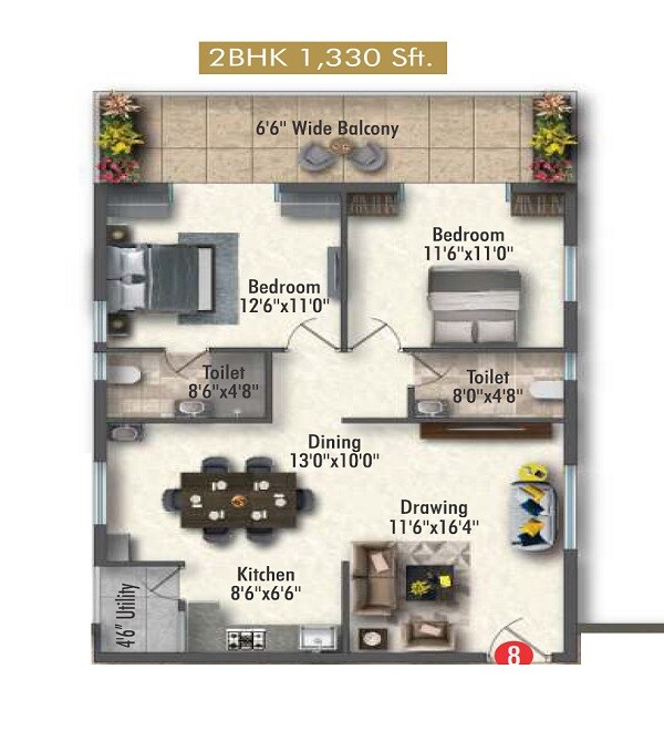 2 BHK 1330 Sq. Ft. Apartment