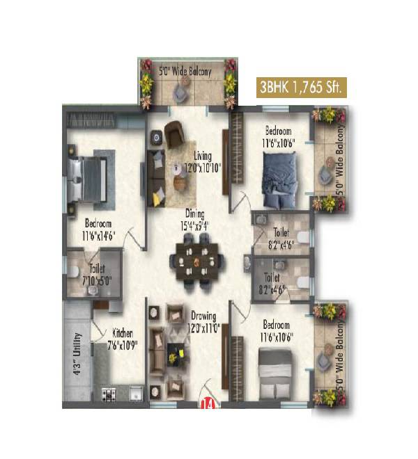 3 BHK 1765 Sq. Ft. Apartment