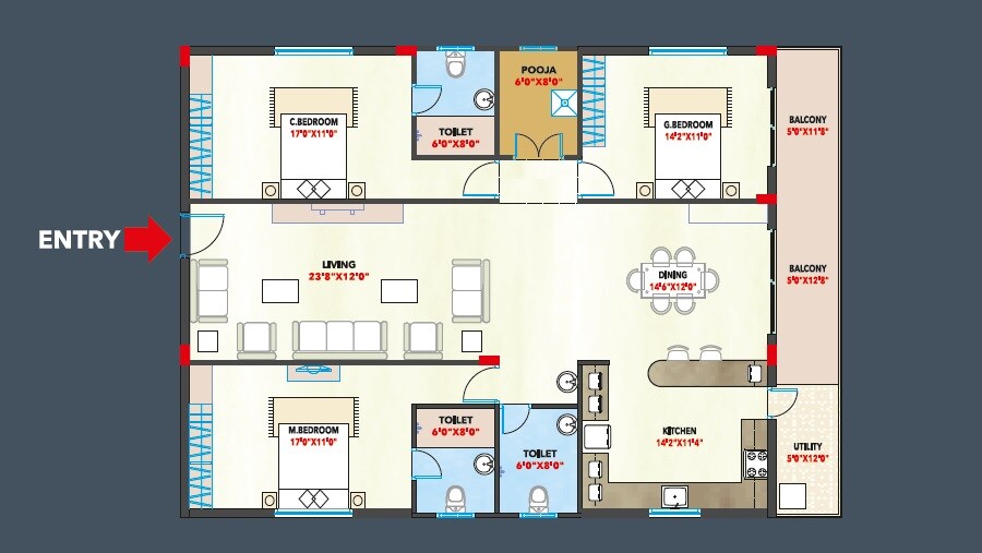 Floor plan of 3 BHK 2272 Sq. Ft. Apartment in Nikhila Vivanta Central Court, Hyderabad