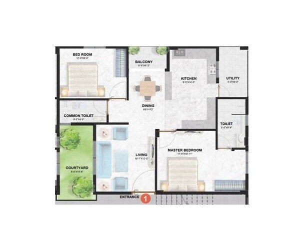 Floor plan of 2 BHK 1036 Sq. Ft. Apartment in Nilaya Aravalli Apartment, Hyderabad