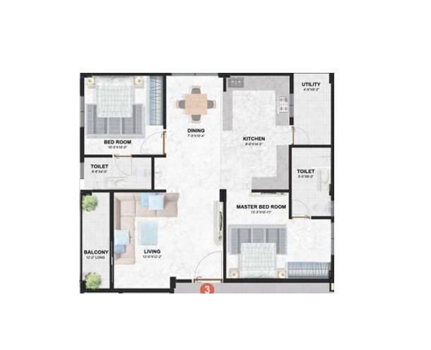 Floor plan of 2 BHK 1085 Sq. Ft. Apartment in Nilaya Aravalli Apartment, Hyderabad