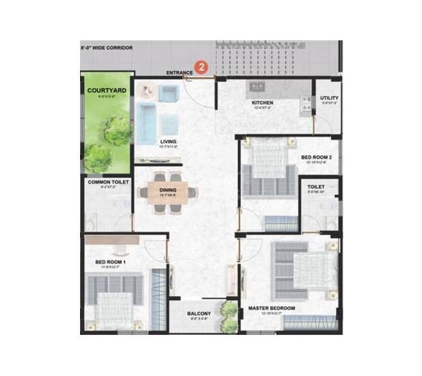 Floor plan of 3 BHK 1338 Sq. Ft. Apartment in Nilaya Aravalli Apartment, Hyderabad