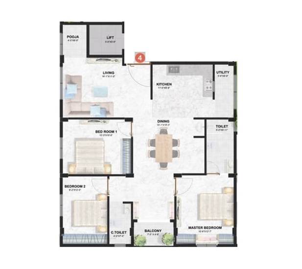 Floor plan of 3 BHK 1414 Sq. Ft. Apartment in Nilaya Aravalli Apartment, Hyderabad