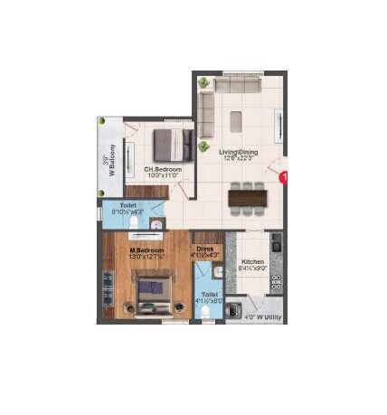 Floor plan of 2 BHK 1050 Sq. Ft. Apartment in Nirmal Emerald, Hyderabad