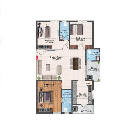 Floor plan of 3 BHK 1450 Sq. Ft. Apartment in Nirmal Emerald, Hyderabad