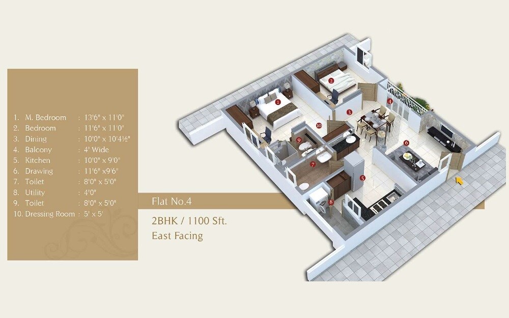 Floor plan of 2 BHK 1100 Sq. Ft. Apartment in Nirmal Landmark, Hyderabad