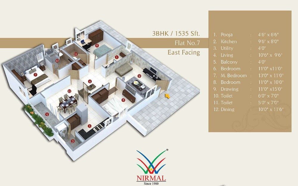 Floor plan of 3 BHK 1535 Sq. Ft. Apartment in Nirmal Landmark, Hyderabad