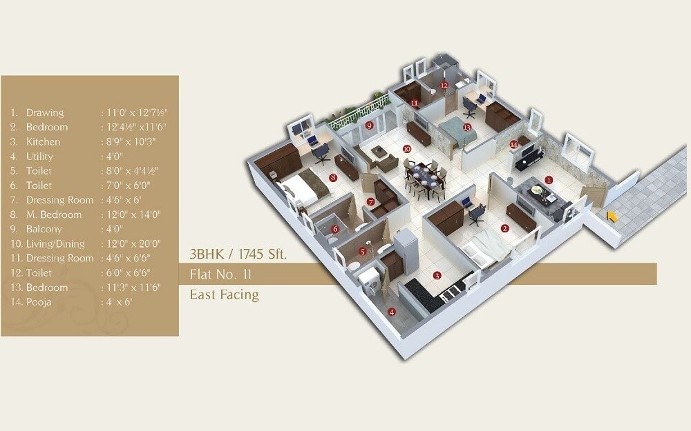 Floor plan of 3 BHK 1745 Sq. Ft. Apartment in Nirmal Landmark, Hyderabad