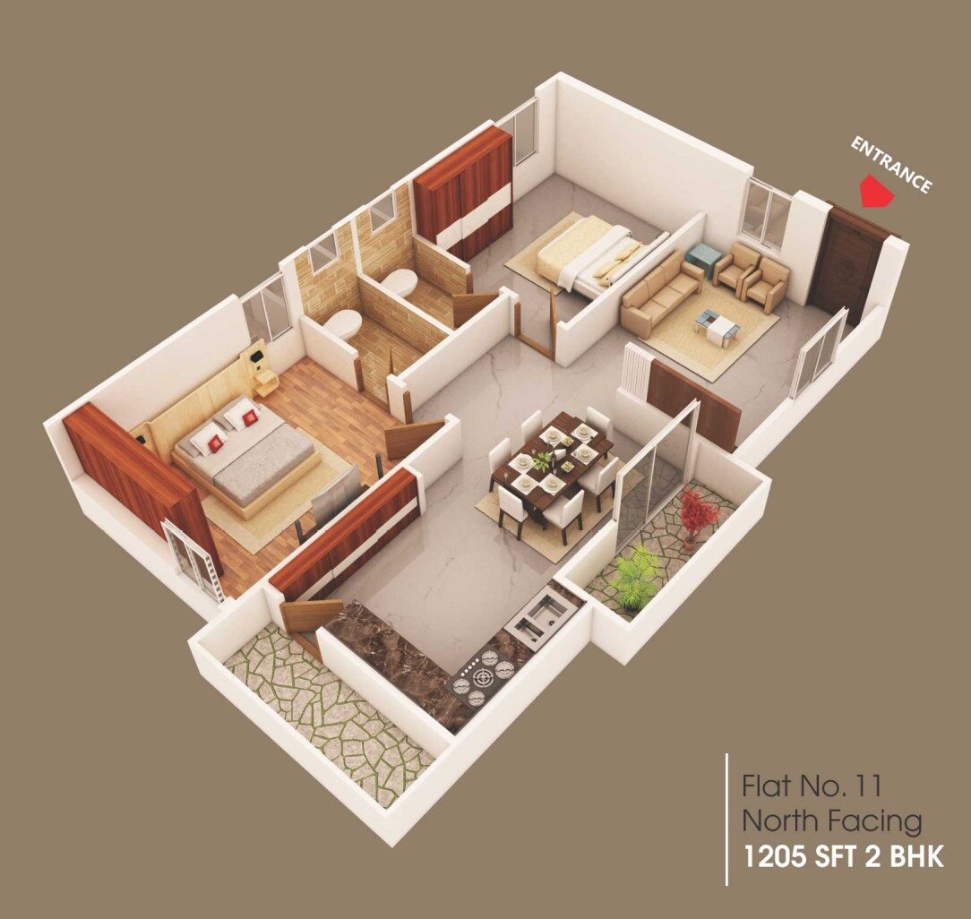 Floor plan of 2 BHK 1205 Sq. Ft. Apartment in Nirvana Nandanavanam, Hyderabad