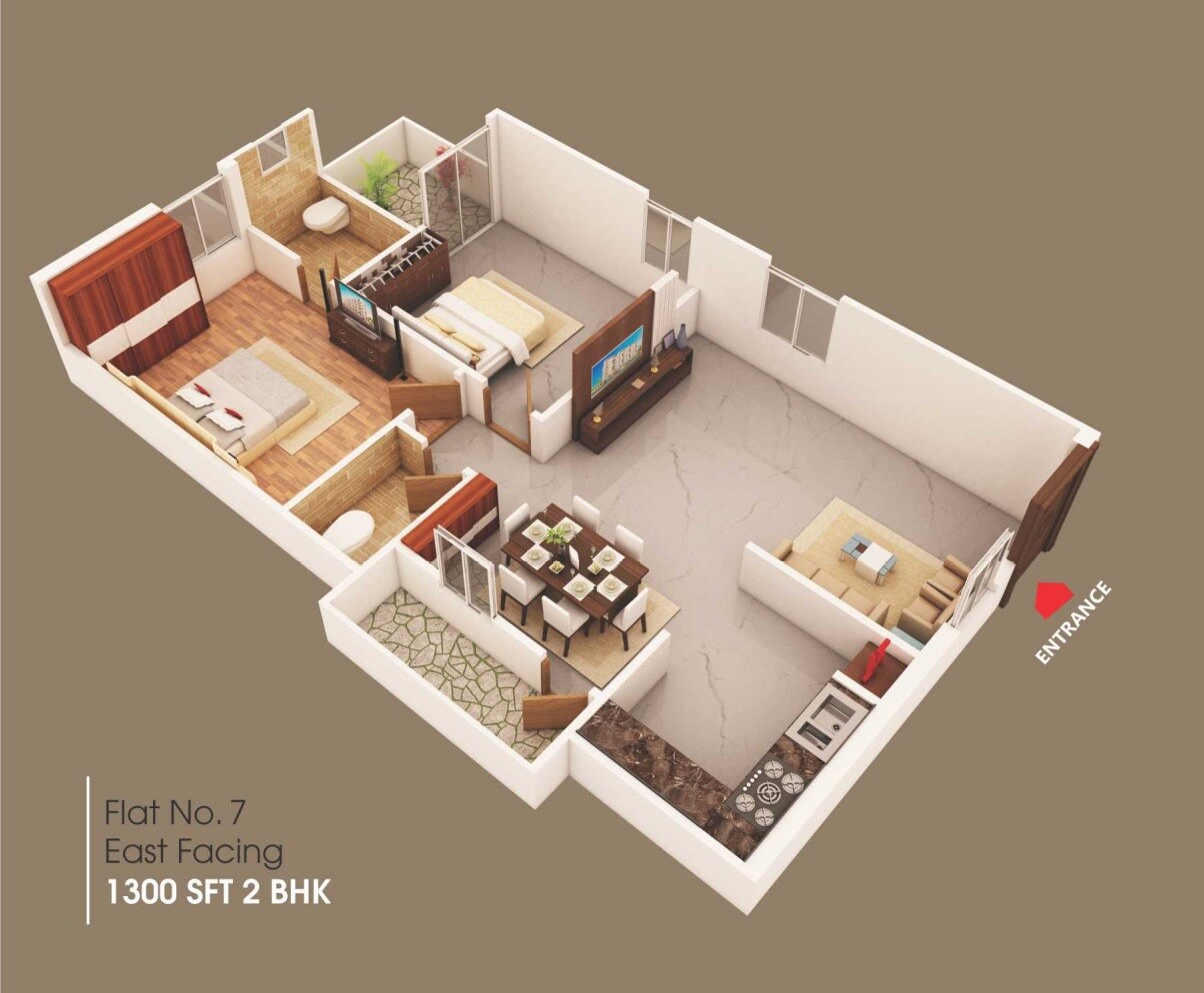 Floor plan of 2 BHK 1300 Sq. Ft. Apartment in Nirvana Nandanavanam, Hyderabad