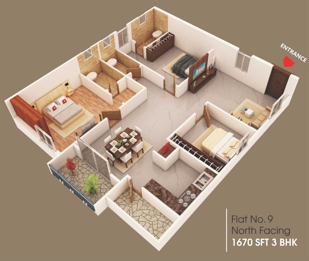 Floor plan of 3 BHK 1670 Sq. Ft. Apartment in Nirvana Nandanavanam, Hyderabad